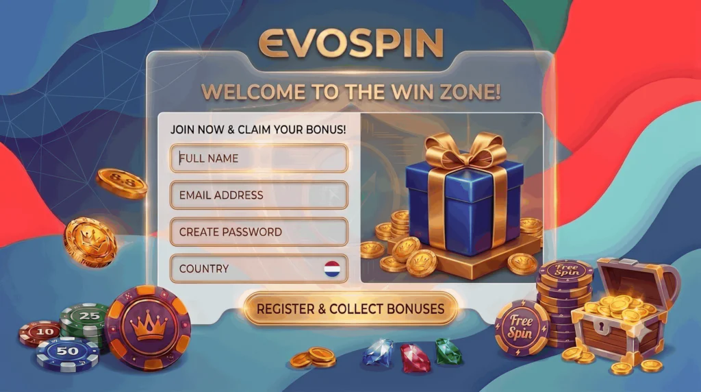 Beveiligde registratielay-out en welkomstpromo-invoer bij Evospin NL - evospins-nl.com